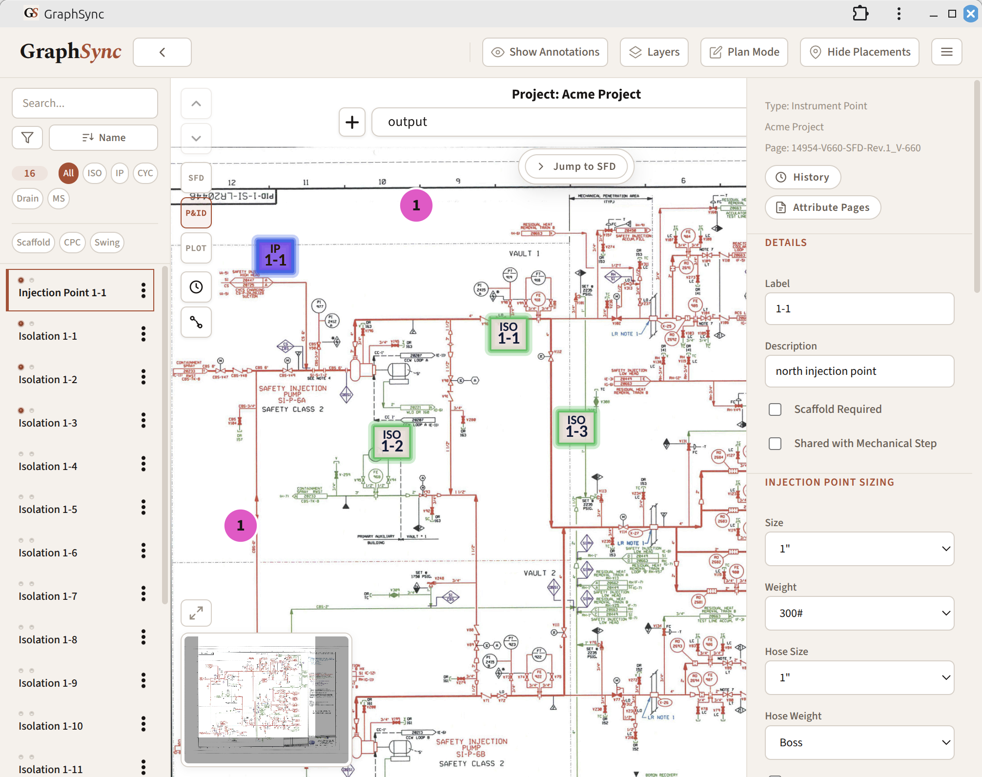 The GraphSync workspace: a parsed P&ID with tagged items in the center, the project's item list on the left, and a live attribute panel on the right.
